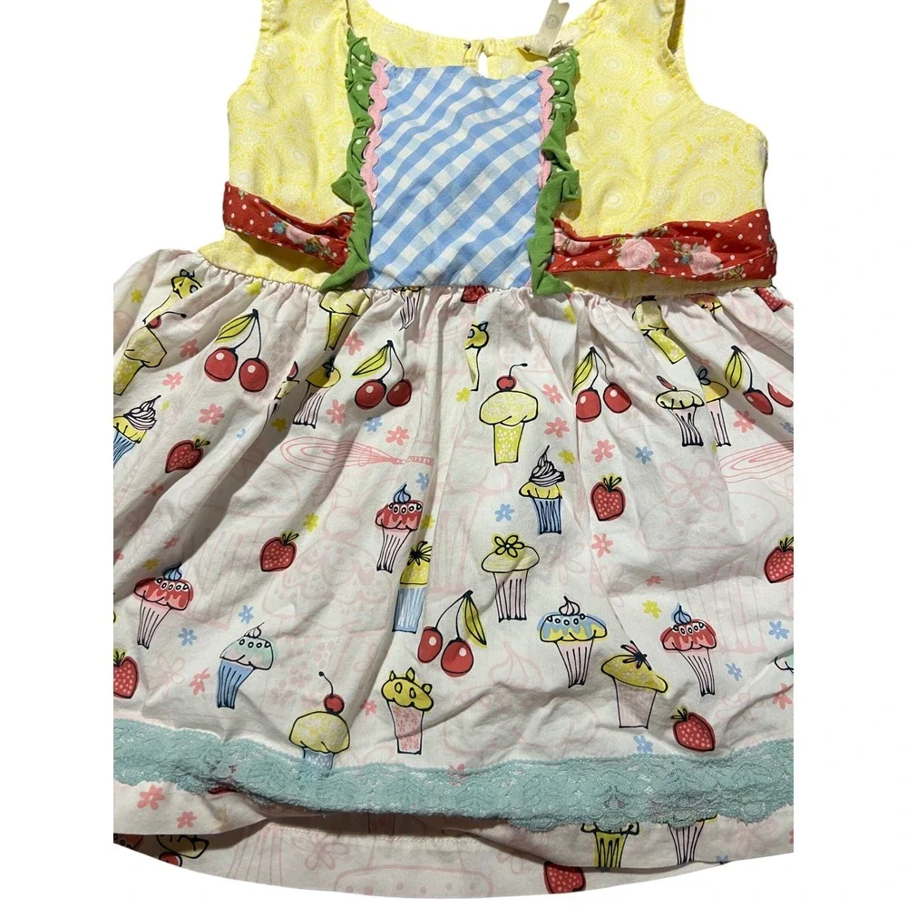 Matilda Jane Girls Cupcake Print Mixed Media Dress Yellow Red Blue Size‎ 6 Party